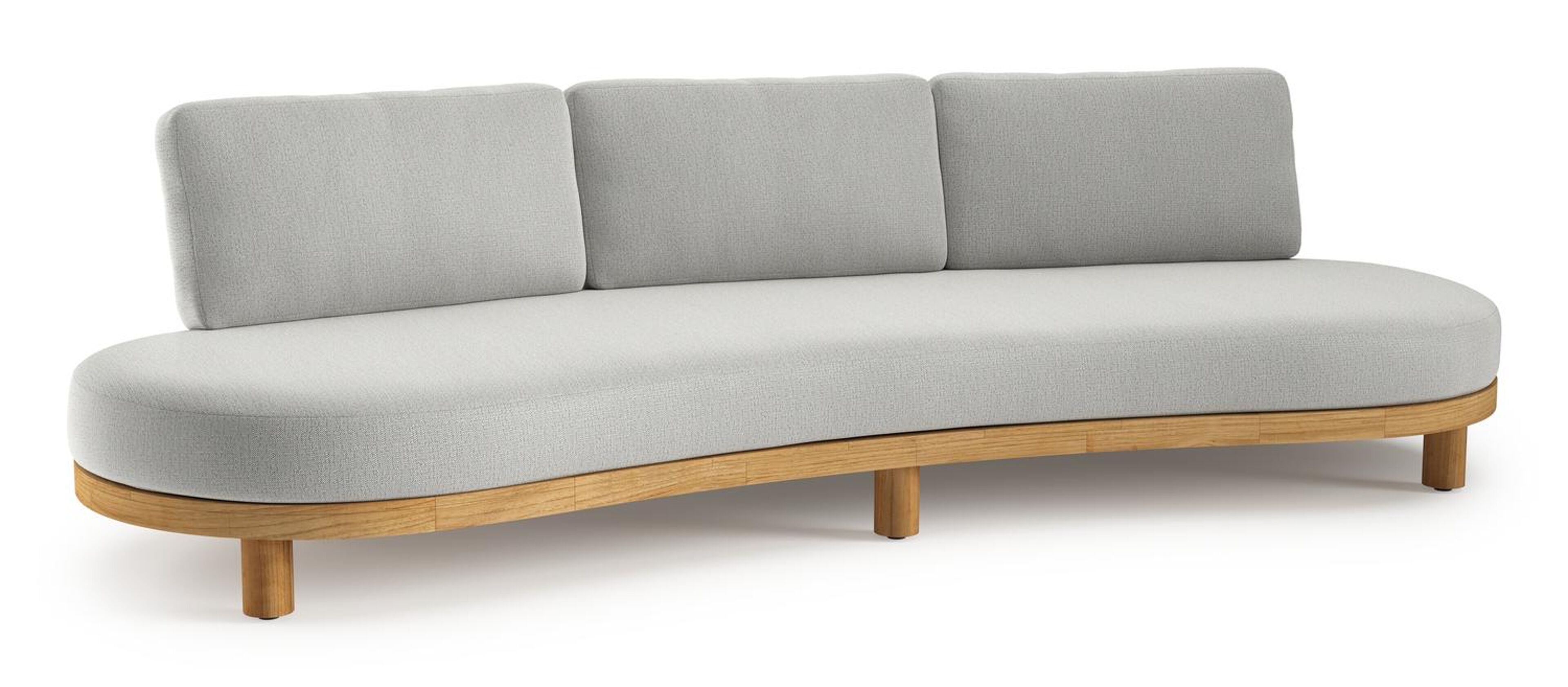Canapé de jardin Donato en teck et corde ronde tissée verticalement beige et coussins en all weather sunbrella® luxe Savane Nimbus
