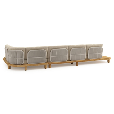 Donato loungehoek in teak en beige verticaal geweven ronde rope met all weather cosytica Althea Camel kussen