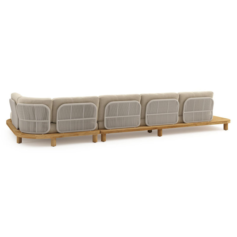 Donato loungehoek in teak en beige verticaal geweven ronde rope met all weather cosytica Althea Camel kussen