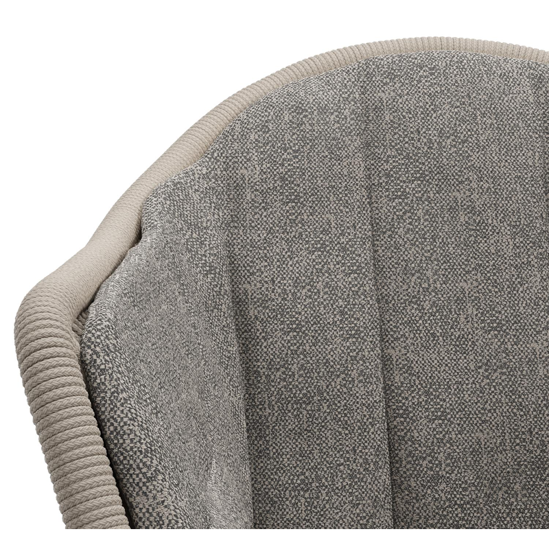 Pagino tuinstoel in zwart aluminium en beige verticaal geweven ronde rope met zitkussen in All Weather Sunbrella® Luxe Chartres Drizzle