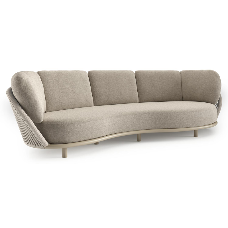 Lupino loungebank in beige aluminium en beige verticaal geweven luxe vlakke brede rope met catania greige all weather cosytica kussen