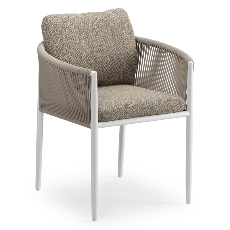 Organo tuinstoel in beige aluminium en beige verticaal geweven ronde rope met stoelkussen in All Weather Cosytica Madagascar Burch