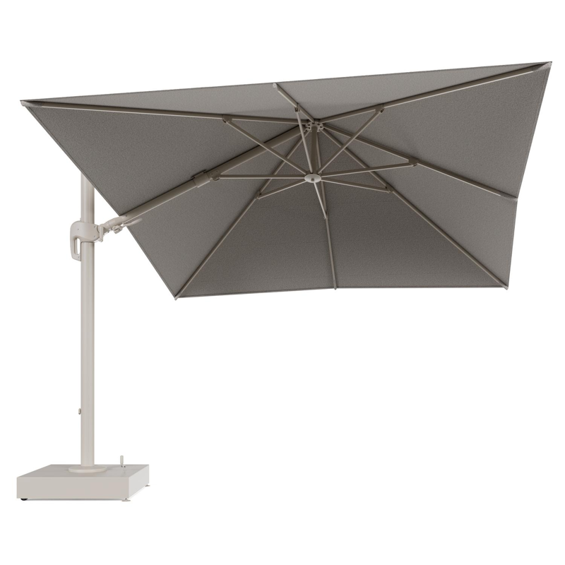 Rufina zweefparasol met tiltfunctie in beige aluminium en Firenze Sand All Weather Solica parasoldoek - L1 300 x L2 300 cm met parasolvoet Minore 150 kg met wielen