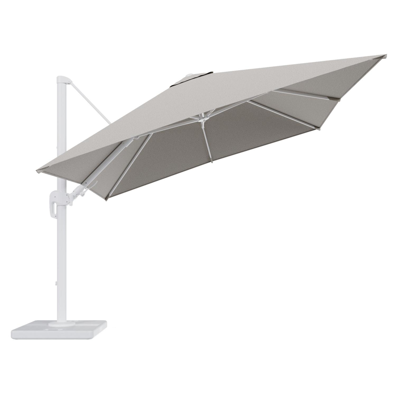 Rufina zweefparasol tiltfunctie in wit aluminium en parasoldoek in All Weather Solica Firenze Sand - L1 300 x L2 300 cm met parasolvoet Lapido 120 kg