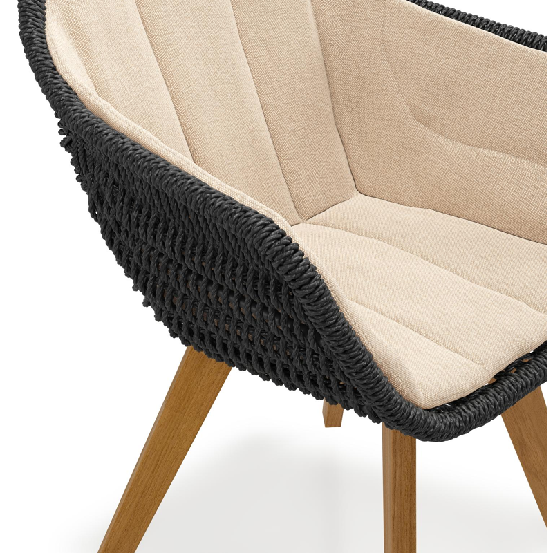 Pagino tuinstoel in teak en zwart ronde wicker met zitkussen in All Weather Sunbrella® Luxe Natte Heather Beige