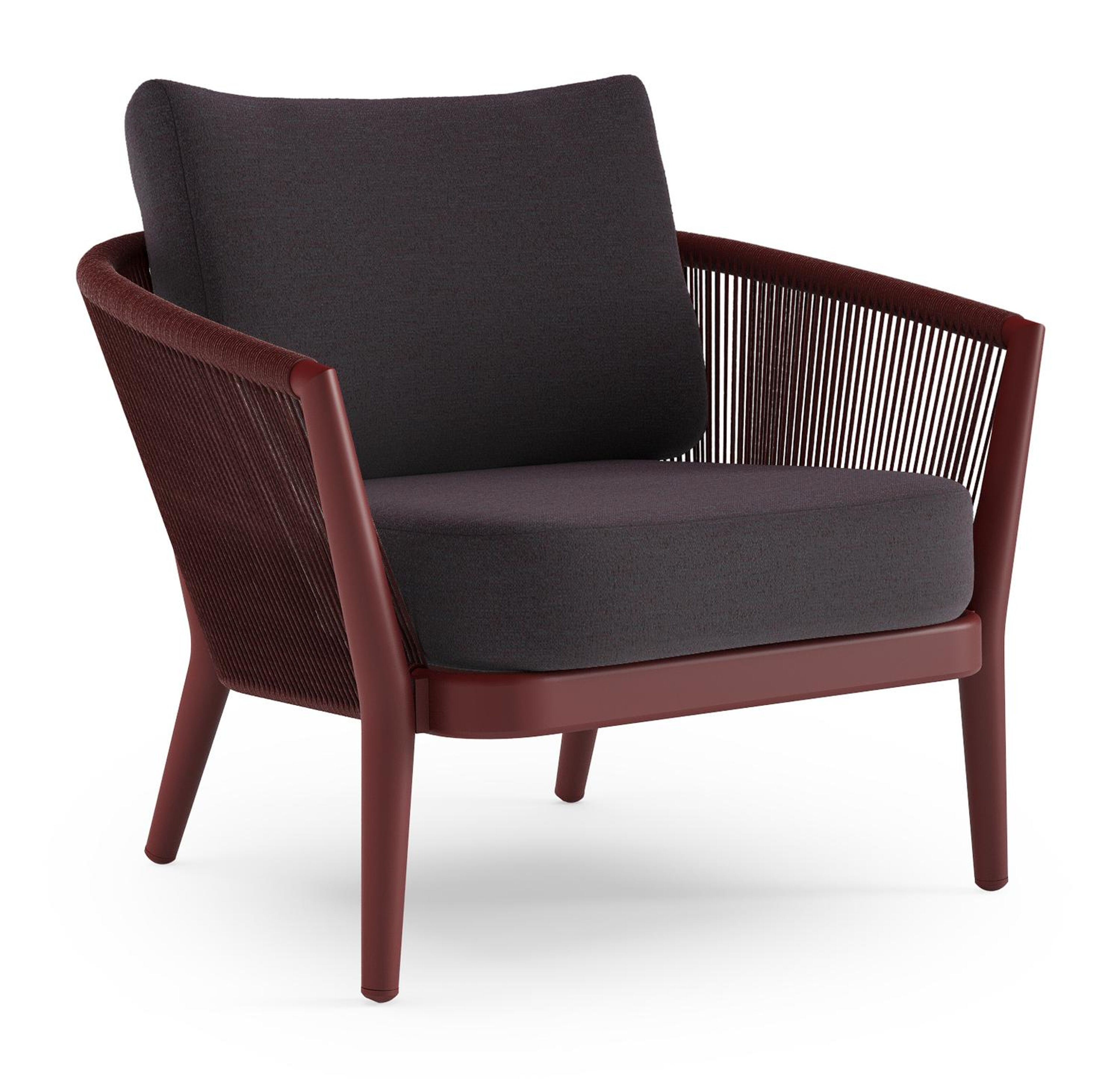 Orso loungestoel in ruby aluminium en ruby verticaal geweven ronde rope met Tundra Red all weather sunbrella® luxe kussen