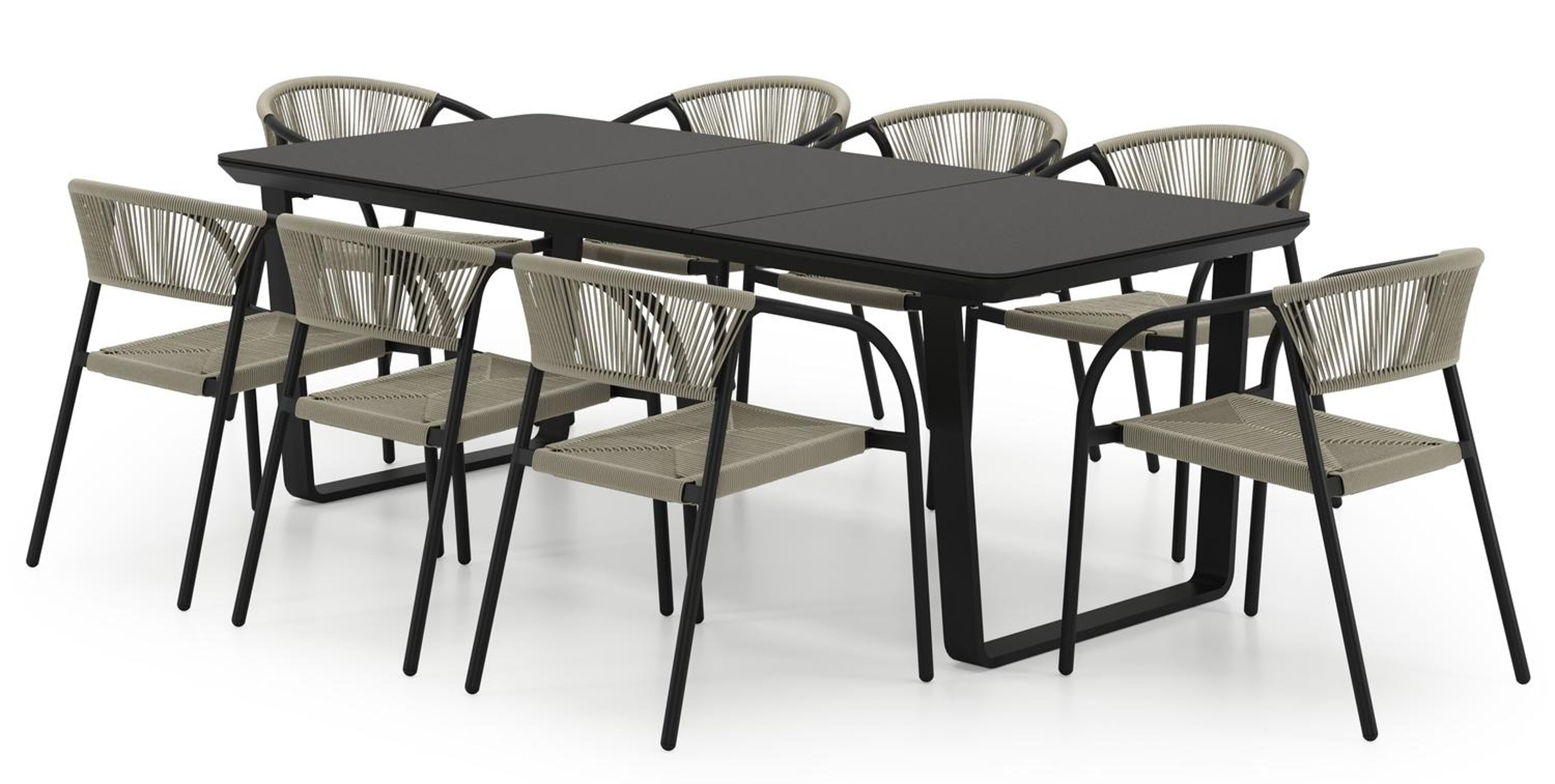 Ensemble de jardin Alora rectangulaire arrondi en aluminium noir et sintered stone noir avec 8 chaises de jardin Melo empilables