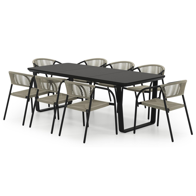 Ensemble de jardin Alora rectangulaire arrondi en aluminium noir et sintered stone noir avec 8 chaises de jardin Melo empilables