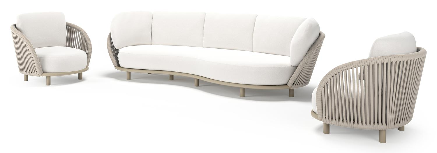 Lupino loungeset in beige aluminium en beige verticaal geweven luxe vlakke brede rope met soul optik all weather solica kussen