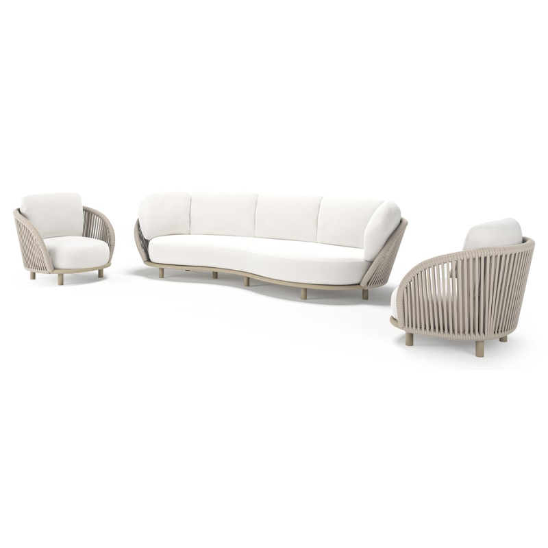 Lupino loungeset in beige aluminium en beige verticaal geweven luxe vlakke brede rope met soul optik all weather solica kussen