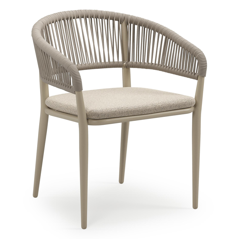 Chaise de jardin empilable Tolfa en aluminium beige et corde ronde tissée verticalement beige avec coussin en All Weather Cosytica Marbella Beige