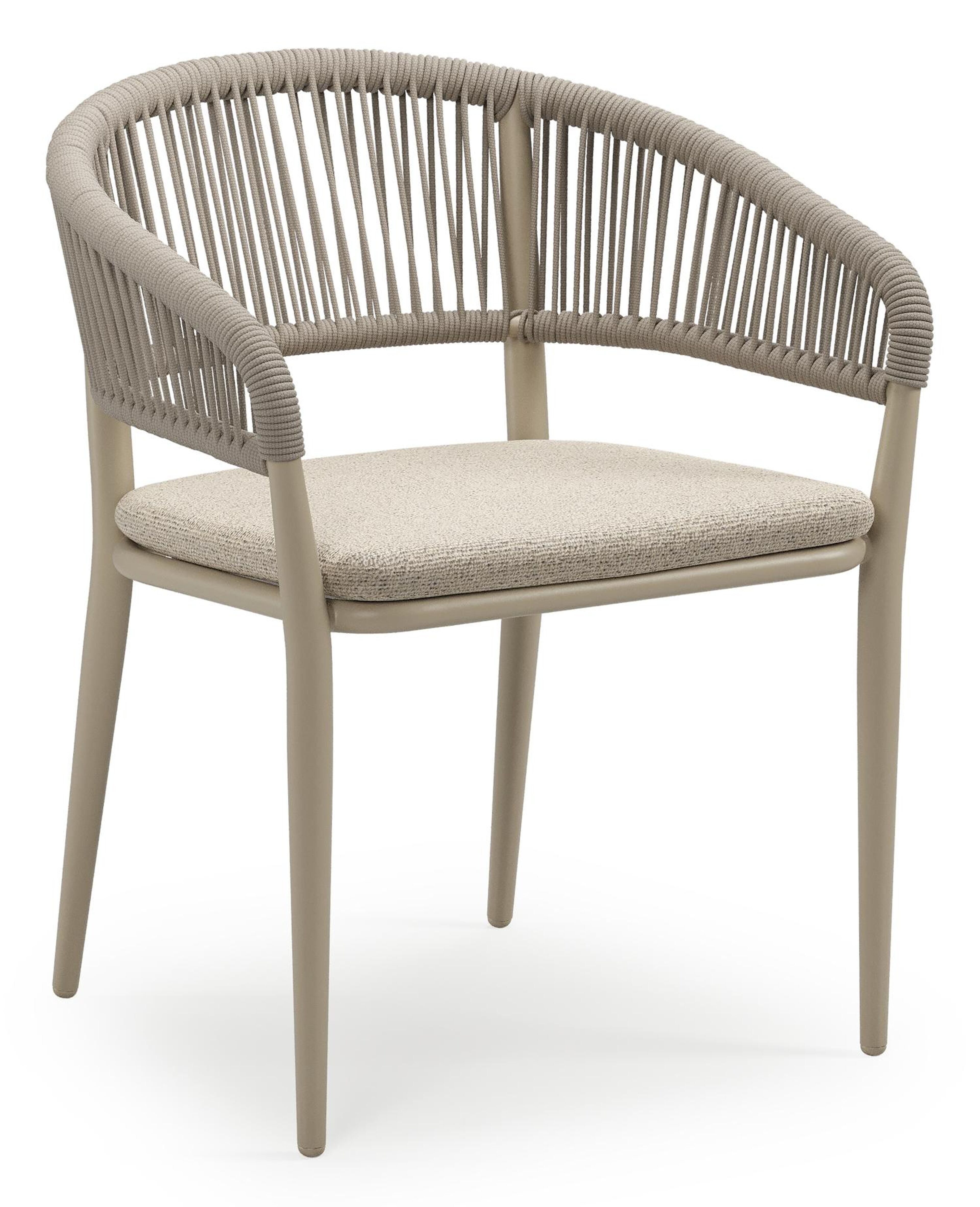 Tolfa stapelbare tuinstoel in beige aluminium en beige verticaal geweven ronde rope met stoelkussen in All Weather Cosytica Marbella Beige