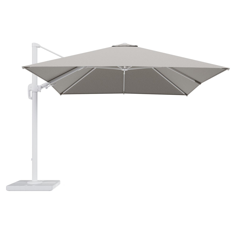Rufina zweefparasol tiltfunctie in wit aluminium en parasoldoek in All Weather Solica Firenze Sand - L1 300 x L2 300 cm met parasolvoet Lapido 120 kg