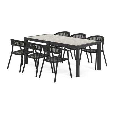 Madura tuinset in zwart aluminium en grijs volkeramiek tafelblad met 6 stapelbare Viaro tuinstoelen