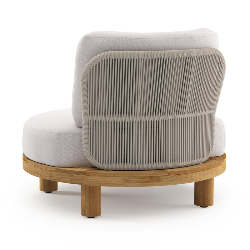 Donato loungestoel in teak en beige verticaal geweven ronde rope met all weather sunbrella® luxe Savane Whisper kussen