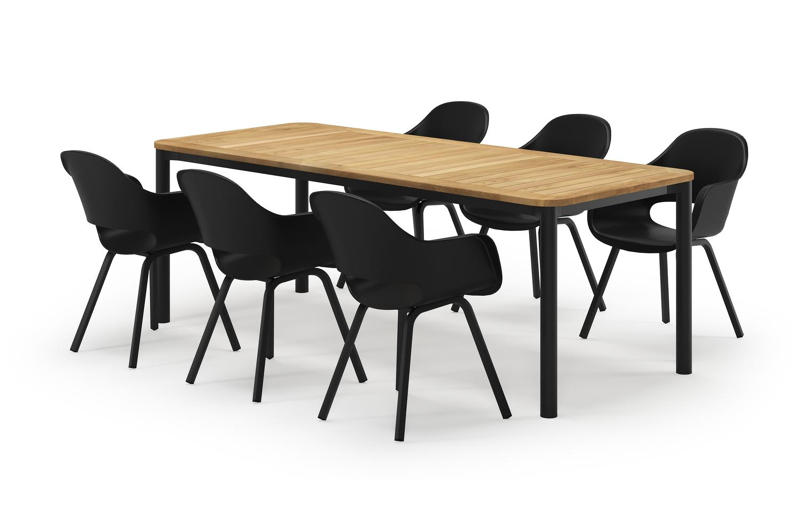 Mira rechthoekige afgeronde tuinset in zwart aluminium en teak natural finish met 8 Artena tuinstoelen