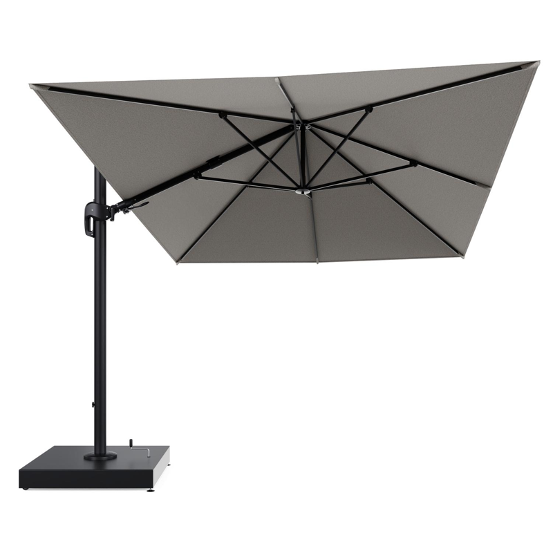 Rufina zweefparasol met tiltfunctie in zwart aluminium en Firenze Sand All Weather Solica parasoldoek - L1 400 x L2 300 cm met parasolvoet Minore 260 kg met wielen