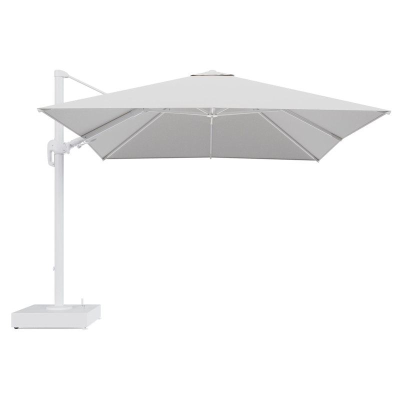 Rufina zweefparasol met tiltfunctie in wit aluminium en Ego Birch All Weather Solica parasoldoek - L1 300 x L2 300 cm met parasolvoet Minore 150 kg met wielen