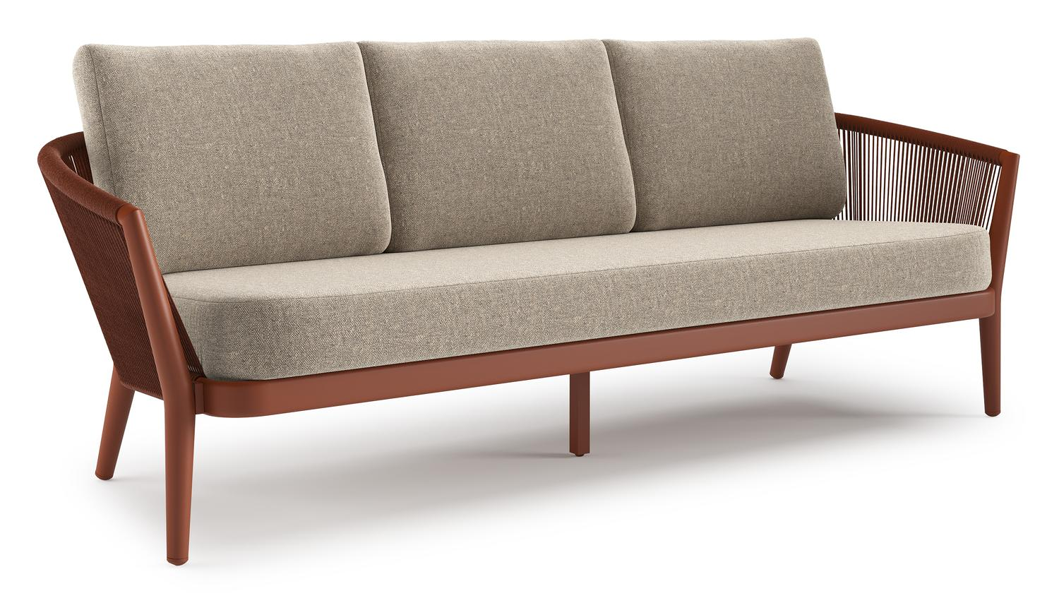 Canapé de jardin Orso en aluminium brun rouille en corde ronde tissée verticalement brun rouille et coussins en all weather sunbrella® luxe Chartres Pewter