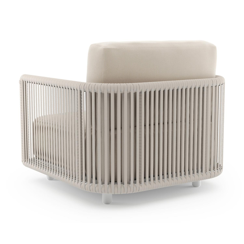 Organo loungestoel in wit aluminium en beige verticaal geweven luxe vlakke rope met lopi antique all weather Sunbrella® luxe kussen