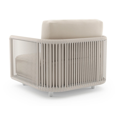 Organo loungestoel in wit aluminium en beige verticaal geweven luxe vlakke rope met lopi antique all weather Sunbrella® luxe kussen