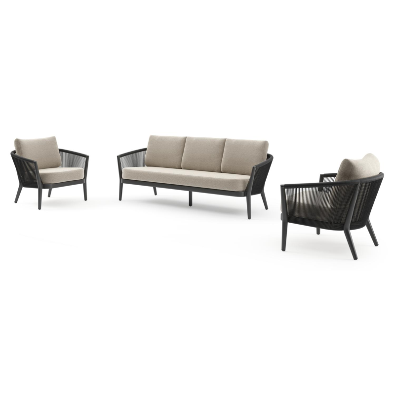 Orso loungeset in zwart aluminium en zwart verticaal geweven ronde rope met Catania Greige all weather cosytica kussen