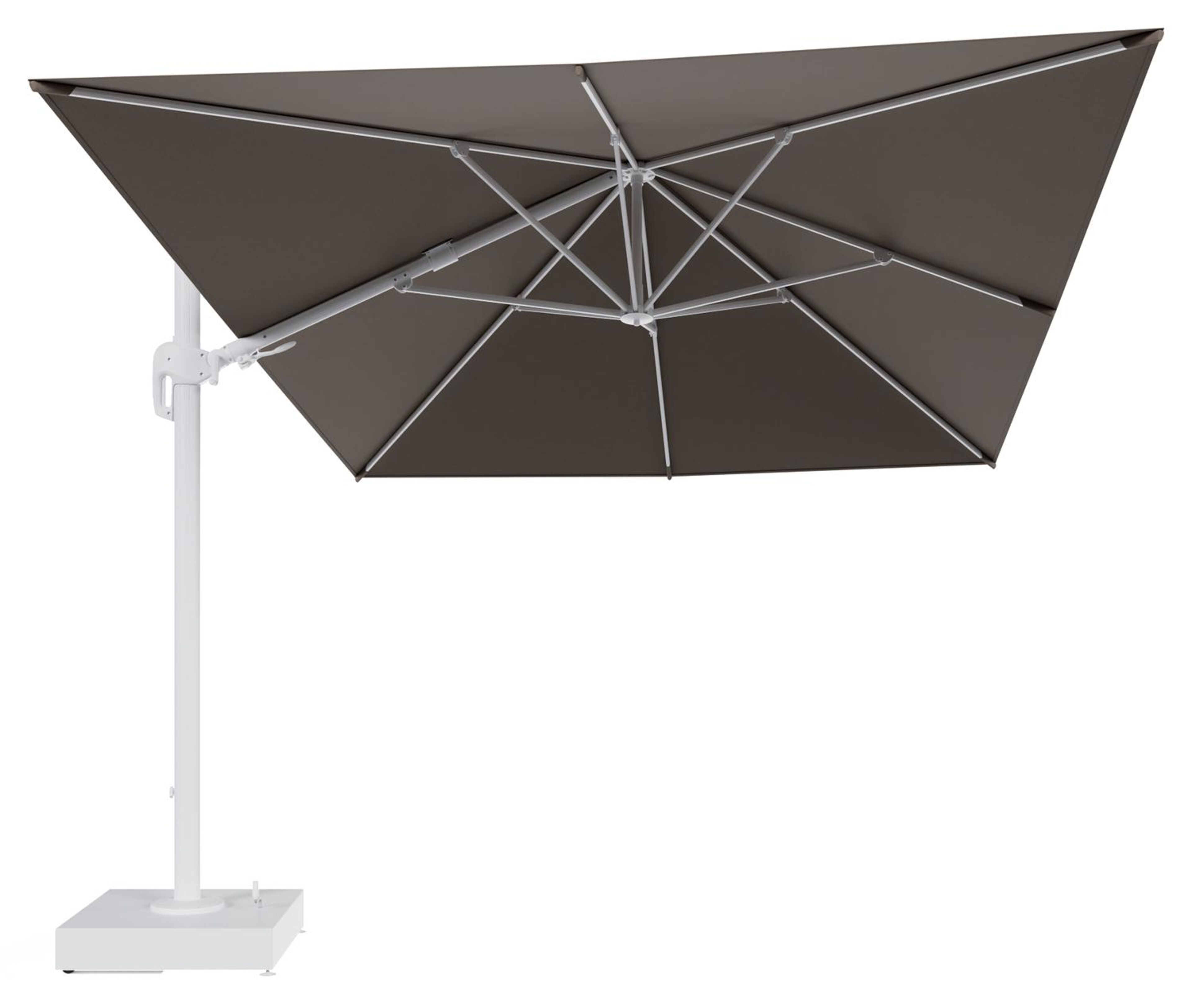 Parasol pendant Rufina tilt en aluminium blanc et toile All Weather Sunbrella® Luxe Natte Heather Grey - Lg.1 400 x Lg.2 300 cm avec pied de parasol Minore 150 kg avec roulettes