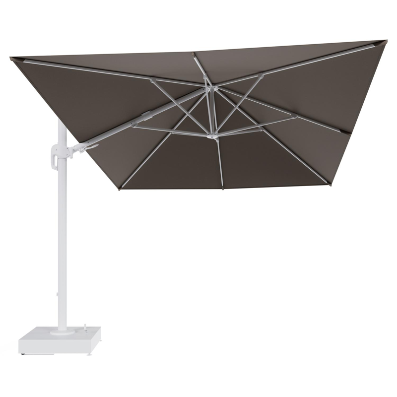 Rufina zweefparasol met tiltfunctie in wit aluminium en Natte Heather Grey All Weather Sunbrella® Luxe parasoldoek - L1 400 x L2 300 cm met parasolvoet Minore 150 kg met wielen