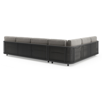 Salon de jardin d'angle Organo en aluminium noir et corde luxe plate tissée verticalement noir et coussin en all weather Sunbrella® luxe chartres drizzle