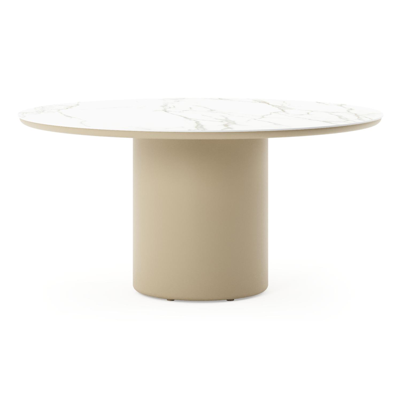 Table de jardin Amico rond en aluminium beige et céramique pleine Calacatta - Diam. 148 x Haut. 73.5 cm