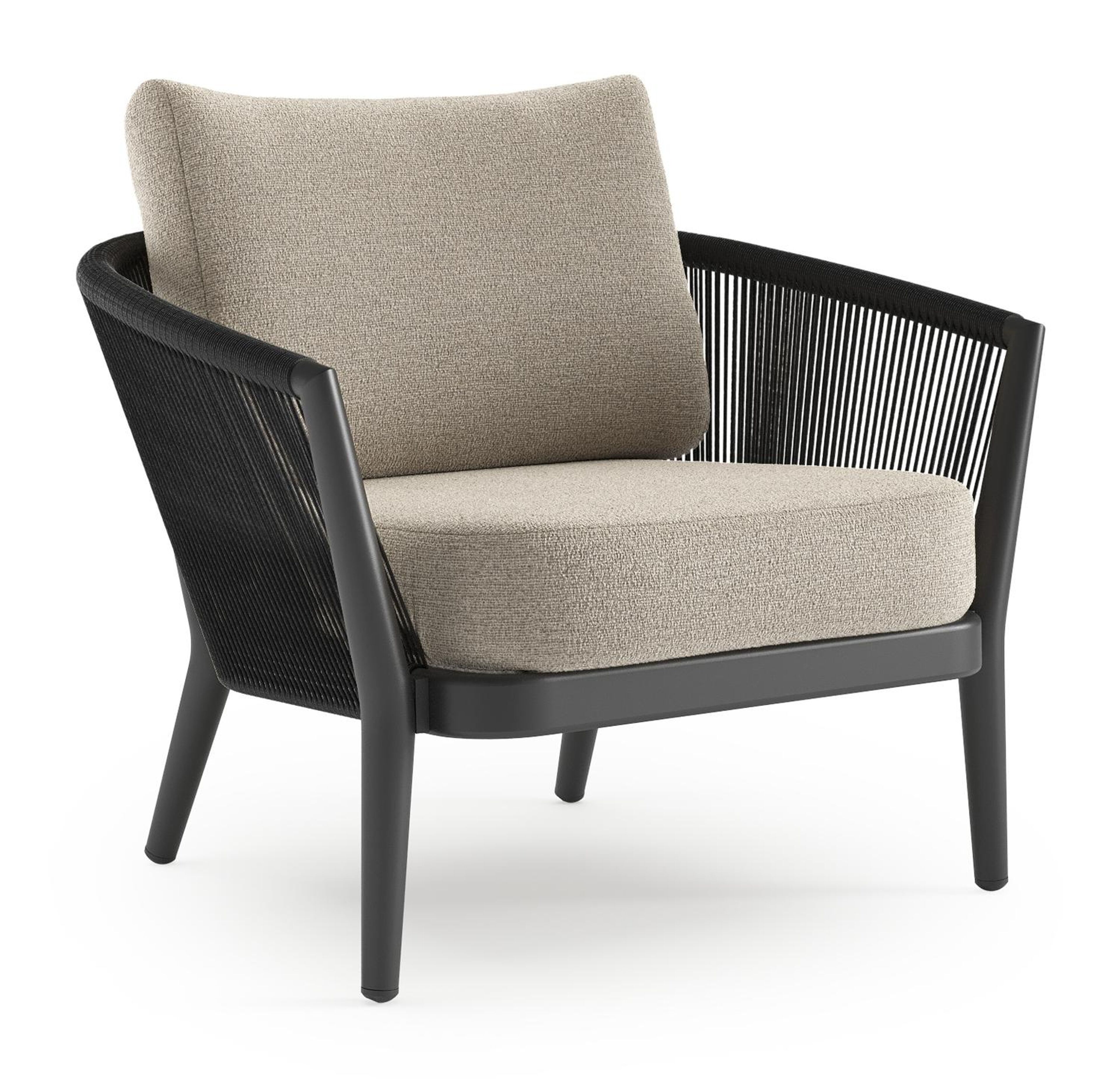 Orso loungestoel in zwart aluminium en zwart verticaal geweven ronde rope met Catania Greige all weather cosytica kussen