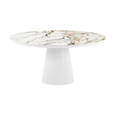 Table de jardin Donato en aluminium blanc et céramique pleine calacatta luxe - Dia. 148 x H 76 cm
