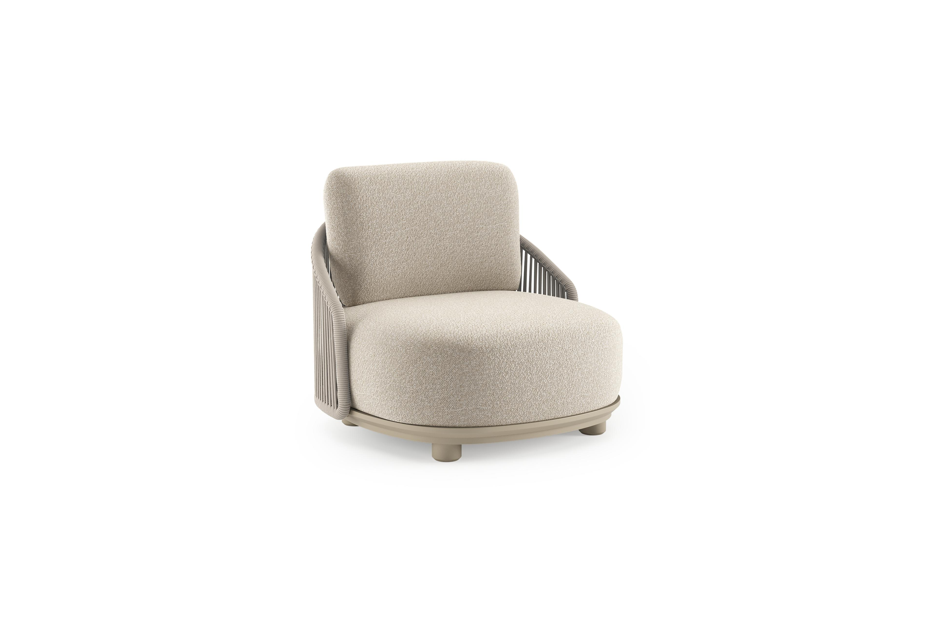 Fauteuil de jardin Vadelo en aluminium beige et corde ronde tissée verticalement beige et coussins en all weather cosytica marbella ecru