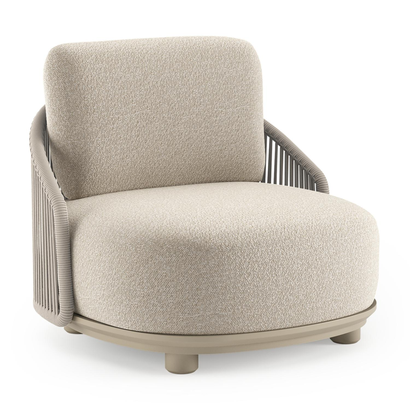Fauteuil de jardin Vadelo en aluminium beige et corde ronde tissée verticalement beige et coussins en all weather cosytica marbella ecru