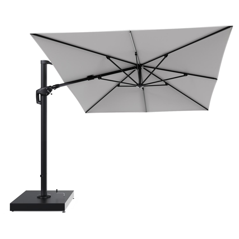 Minore zweefparasol met tiltfunctie in zwart aluminium en Soul Optik All Weather Solica parasoldoek - L1 400 x L2 300 cm met parasolvoet Minore 260 kg met wielen