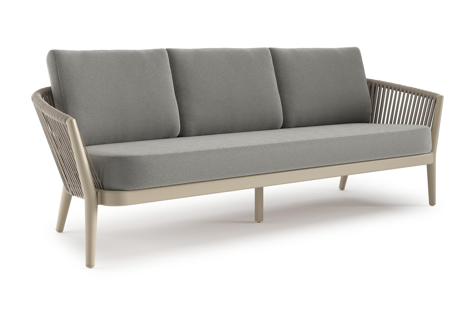 Canapé de jardin Orso en aluminium beige en corde luxe plate tissée verticalement beige et coussins en all weather sunbrella® luxe Savane Zinc