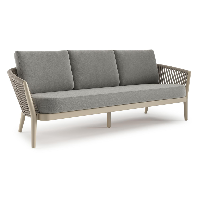 Canapé de jardin Orso en aluminium beige en corde ronde tissée verticalement beige et coussins en all weather sunbrella® luxe Savane Zinc