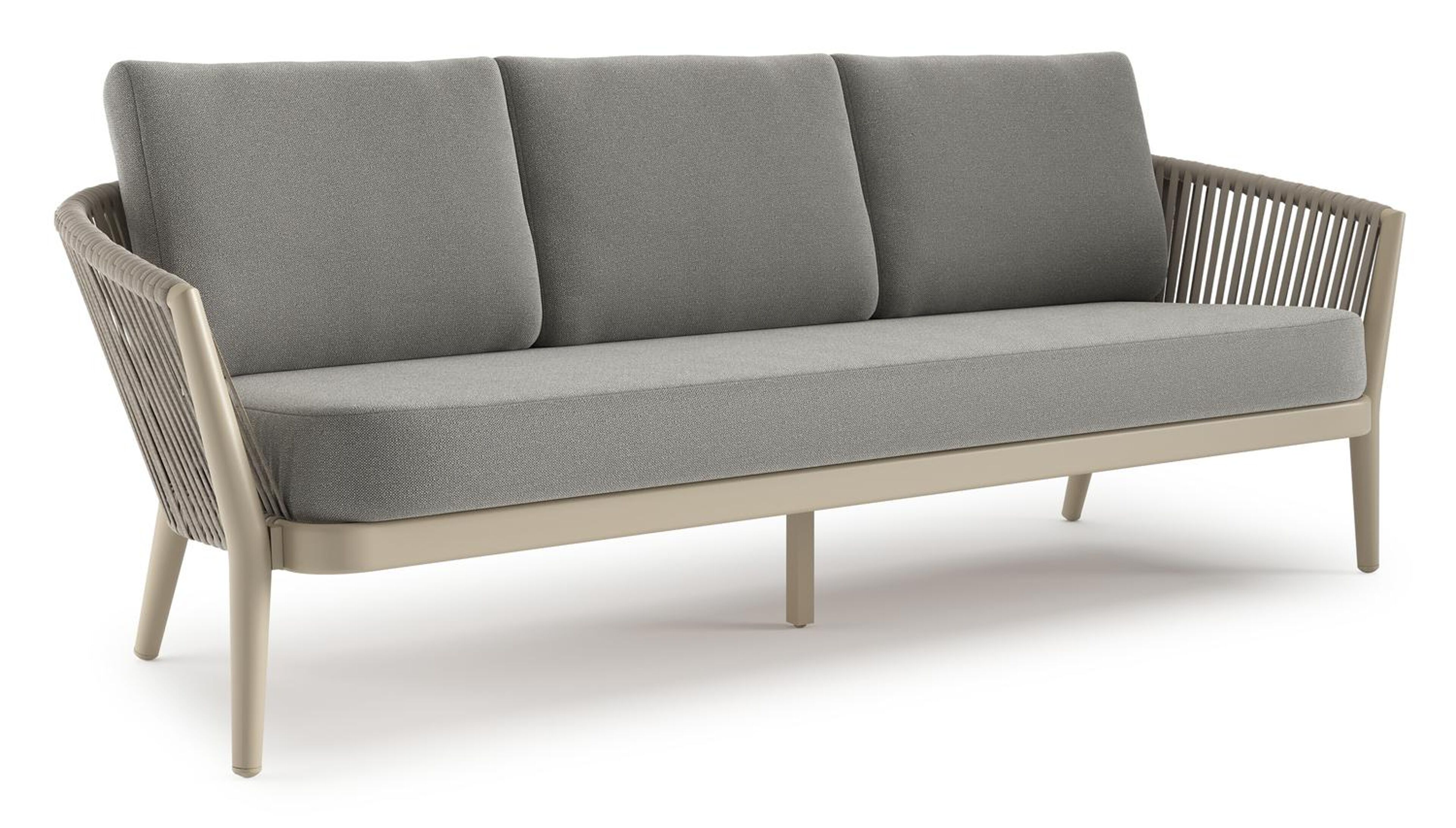 Canapé de jardin Orso en aluminium beige en corde luxe plate tissée verticalement beige et coussins en all weather sunbrella® luxe Savane Zinc