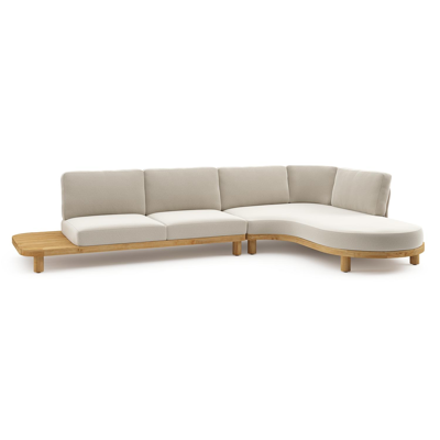 Donato loungehoek in teak en beige verticaal geweven ronde rope met all weather sunbrella® luxe Lopi Marble kussen