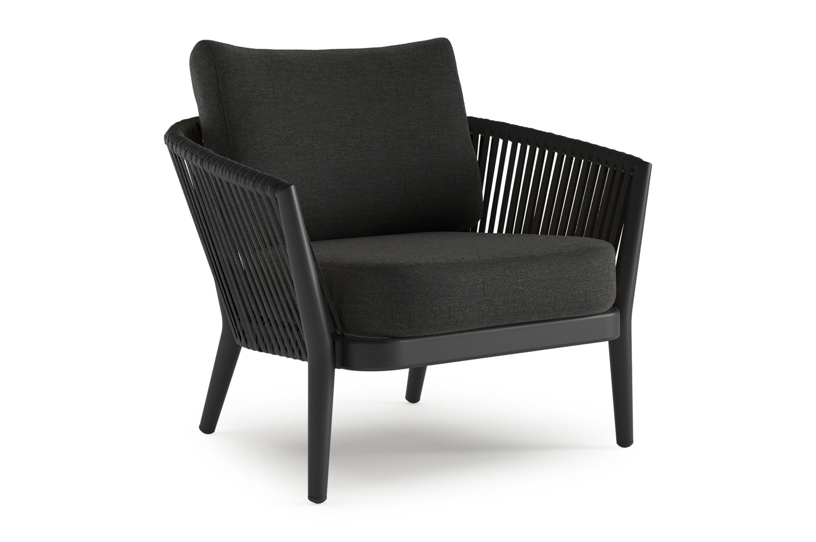 Orso loungestoel in zwart aluminium en verticaal geweven luxe vlakke rope met chartres sooty all weather sunbrella® luxe kussen