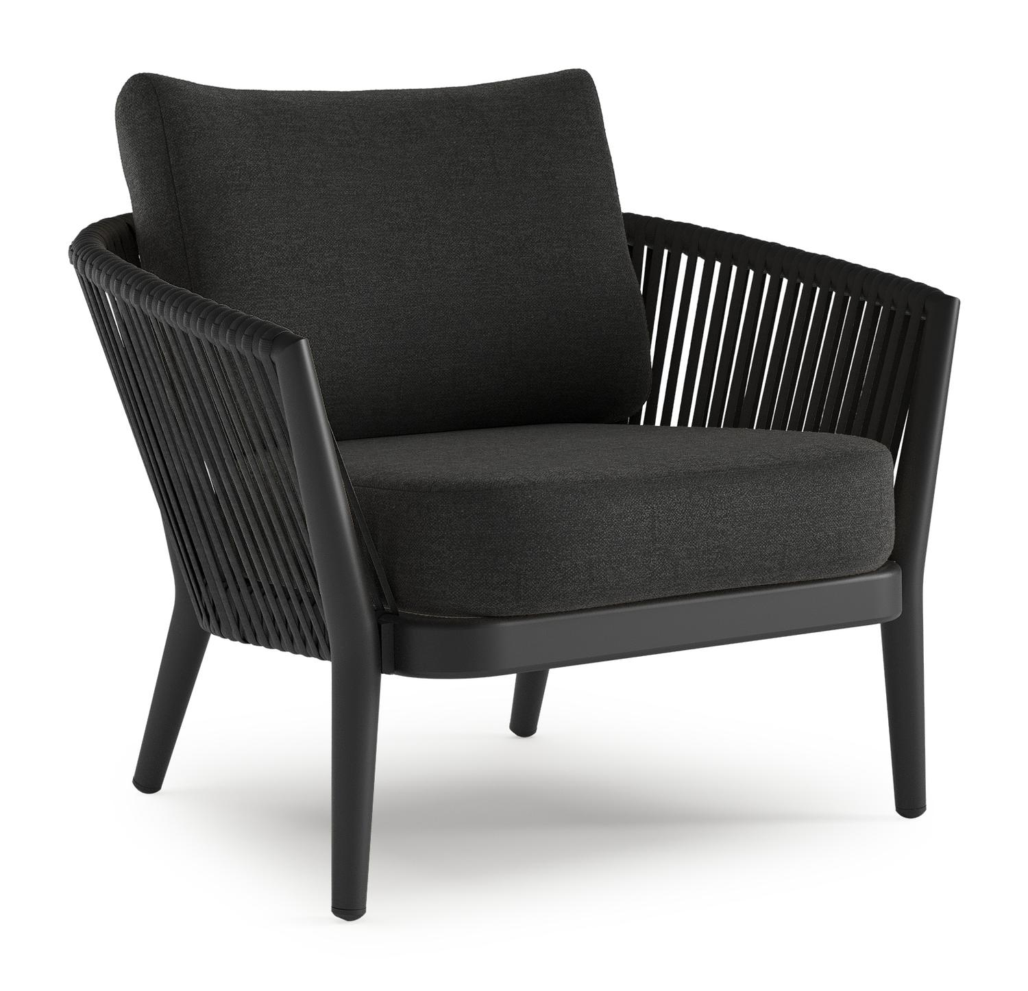 Orso loungestoel in zwart aluminium en verticaal geweven ronde rope met chartres sooty all weather sunbrella® luxe kussen