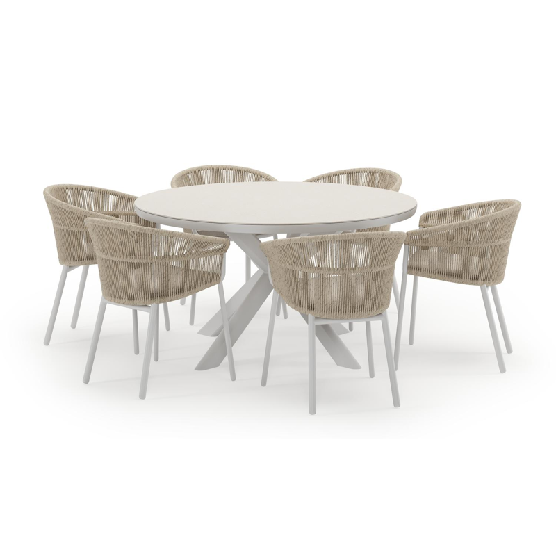Pamplona ensemble de jardin ronde en aluminium blanc en sintered stone crema minerale avec 6 chaises de jardin Matera