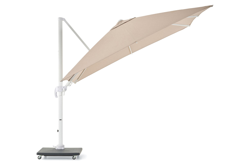 Avola zweefparasol met tiltfunctie in wit aluminium en natural Weather+ Softtouch parasoldoek - L1 300 x L2 300 cm met Avola parasolvoet 90 kg