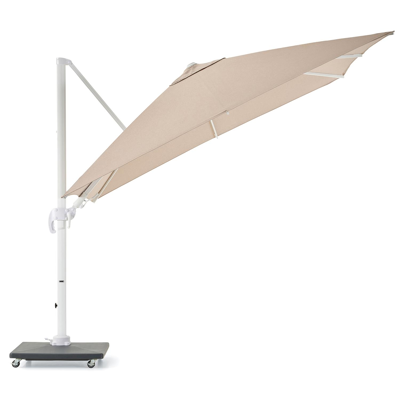 Avola zweefparasol met tiltfunctie in wit aluminium en natural Weather+ Softtouch parasoldoek - L1 300 x L2 300 cm met Avola parasolvoet 90 kg