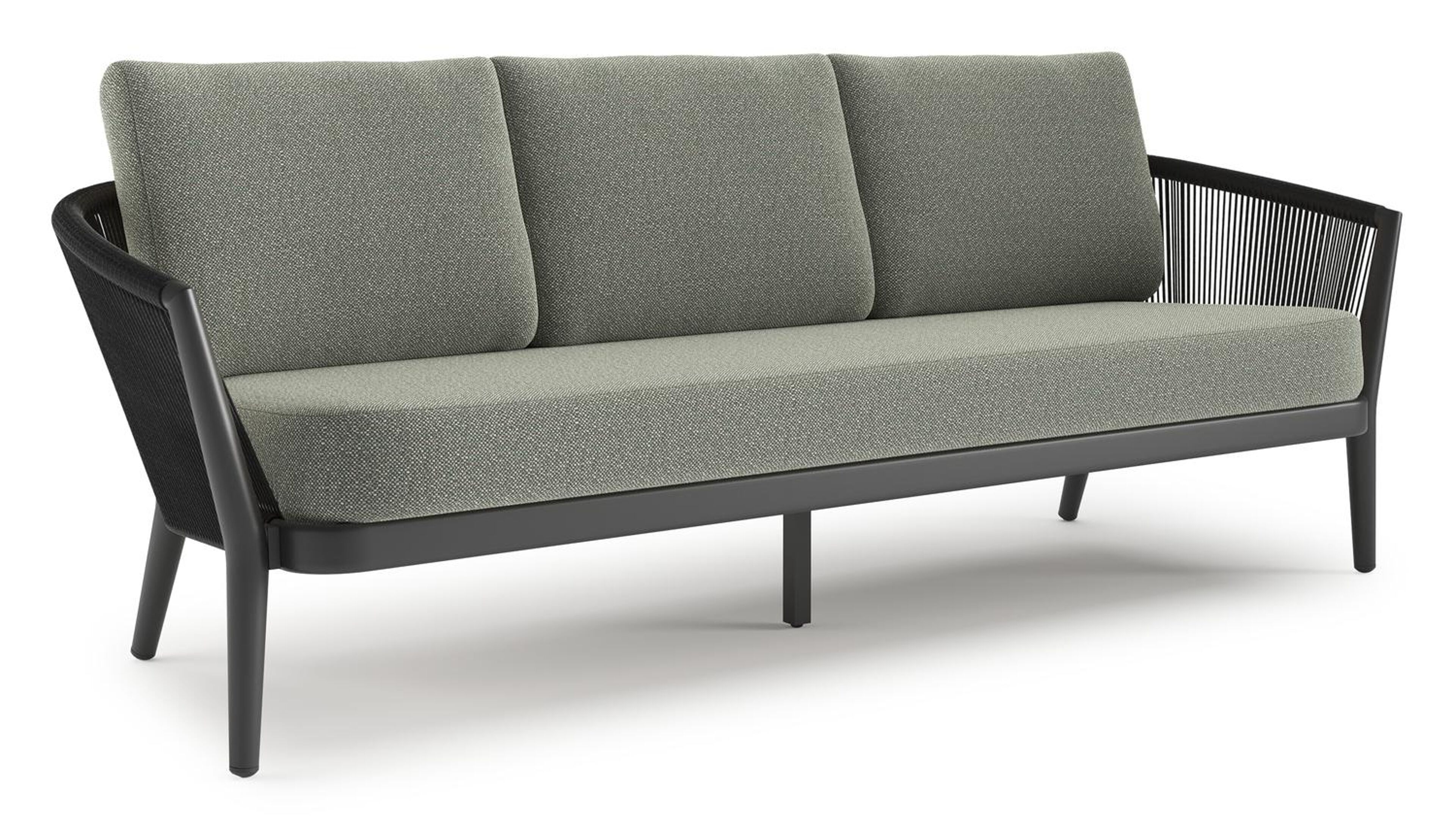 Orso loungebank in zwart aluminium en zwart verticaal geweven ronde rope met Savane Leaf all weather sunbrella® luxe kussen