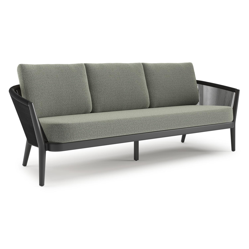 Orso loungebank in zwart aluminium en zwart verticaal geweven ronde rope met Savane Leaf all weather sunbrella® luxe kussen