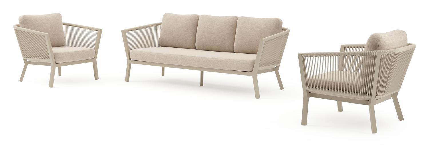 Salon de jardin Cordoba en aluminium beige et corde ronde tissée verticalement beige et coussins en weather+ softtouch rustic