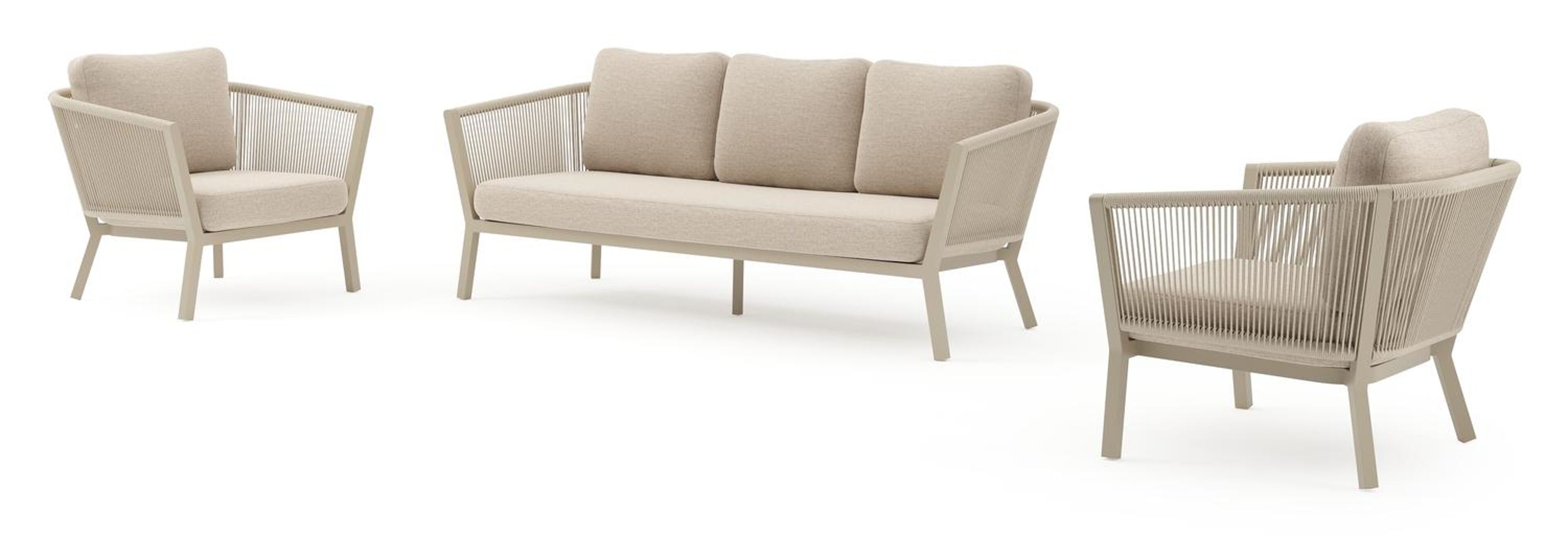 Cordoba loungeset in beige aluminium en beige verticaal geweven ronde rope met met rustic weather+ softtouch kussen