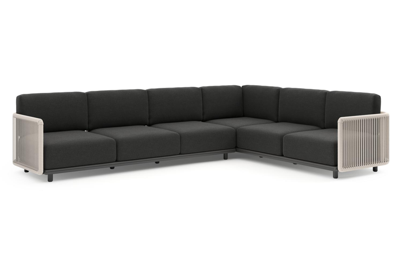 Organo loungehoek in zwart aluminium en beige verticaal geweven luxe vlakke rope met chartres sooty all weather sunbrella® luxe kussens