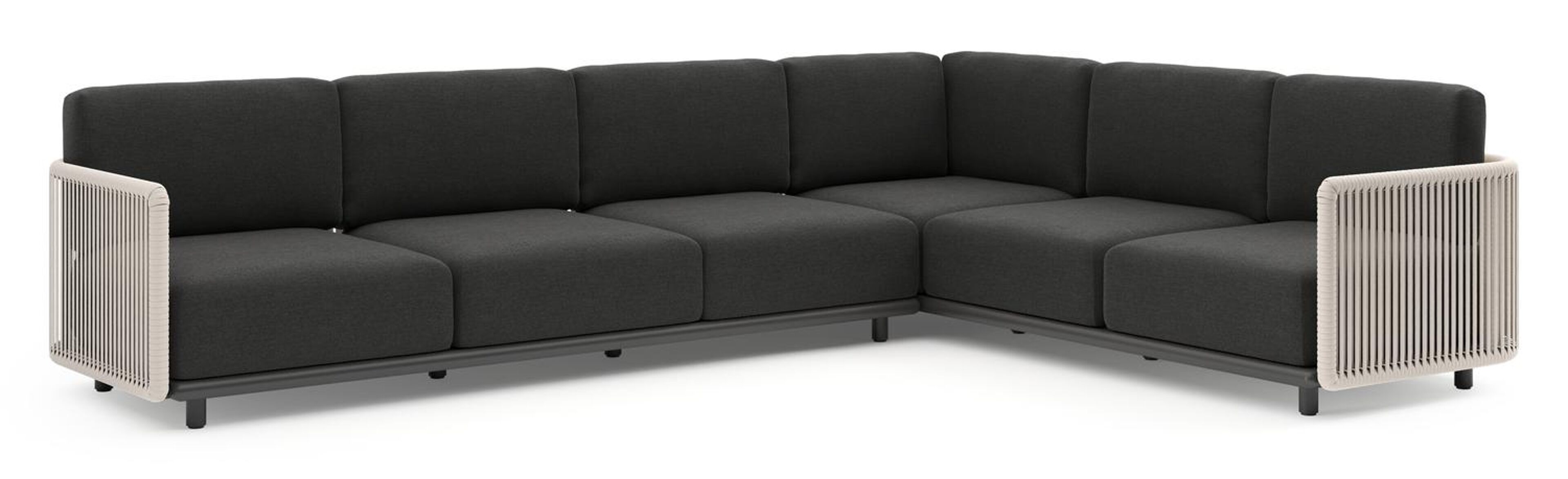 Organo loungehoek in zwart aluminium en beige verticaal geweven luxe vlakke rope met chartres sooty all weather sunbrella® luxe kussens